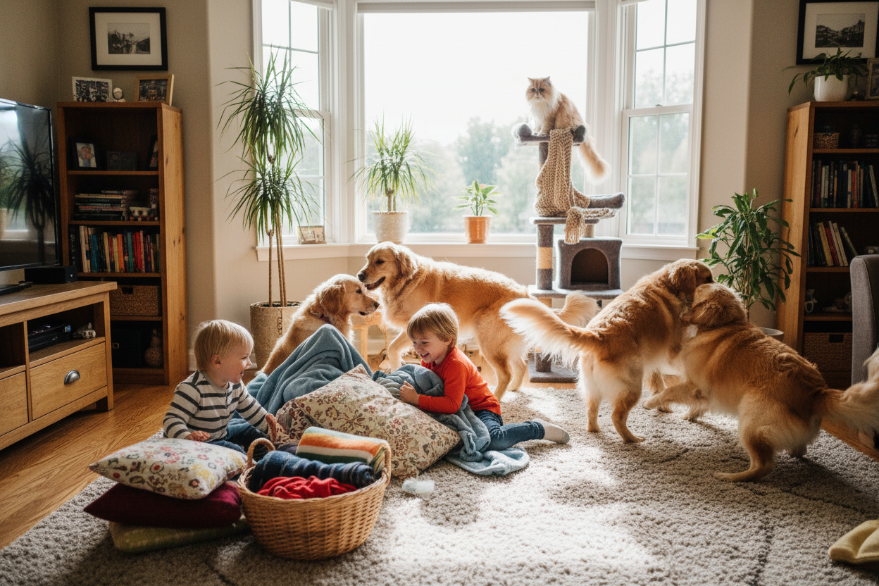 immagine che rappresenta bambini, articoli per la casa ed amici a 4 zampe